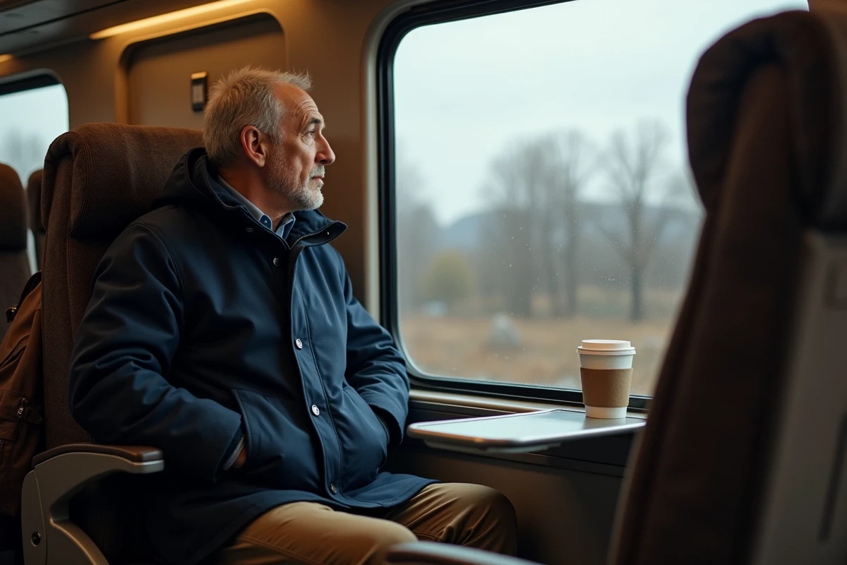 Homme voyageant en train entre Montréal et New York assis près de la fenêtre avec son bagage en vue