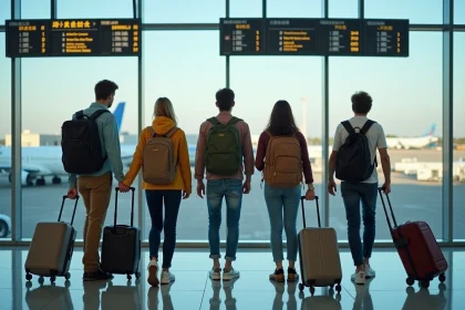 Groupe de voyageurs internationaux dans un terminal d'aéroport avec valises et panneaux multilingues