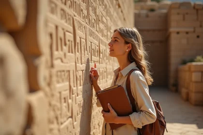 Voyageuse culturelle examinant des inscriptions anciennes sur un mur en pierre lors d'une visite de site archéologique