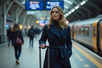 Voyageuse avec valise sur le quai de la gare de St Pancras à Londres avant de prendre l'Eurostar pour Paris