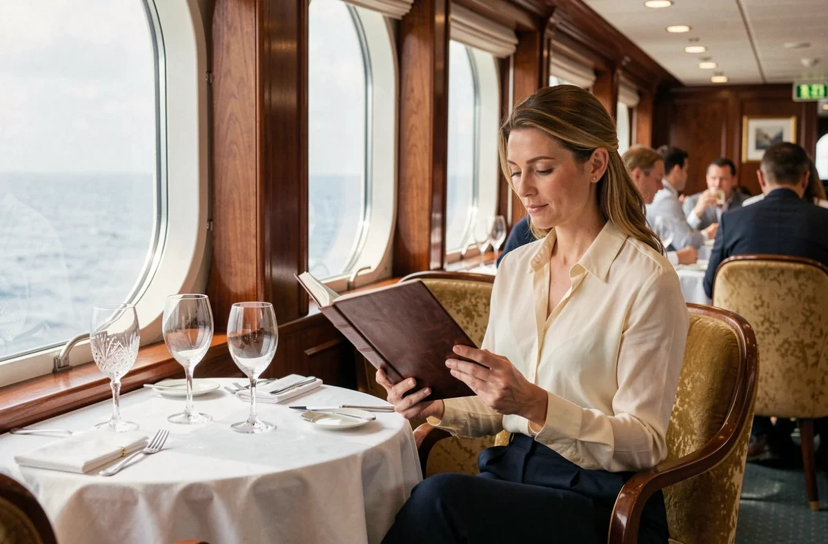 Voyageuse consultant un itinéraire dans le restaurant gastronomique d'un bateau de croisière autour du monde