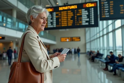 Voyageuse marocaine inquiète devant le tableau des vols retardés à l'aéroport Mohammed V de Casablanca