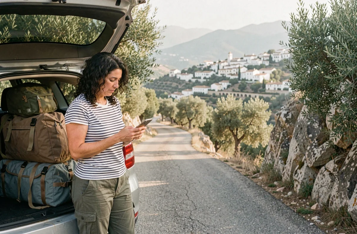 Voyageuse consultant son téléphone au bord d'une route de montagne en Andalousie lors d'un road trip en Espagne