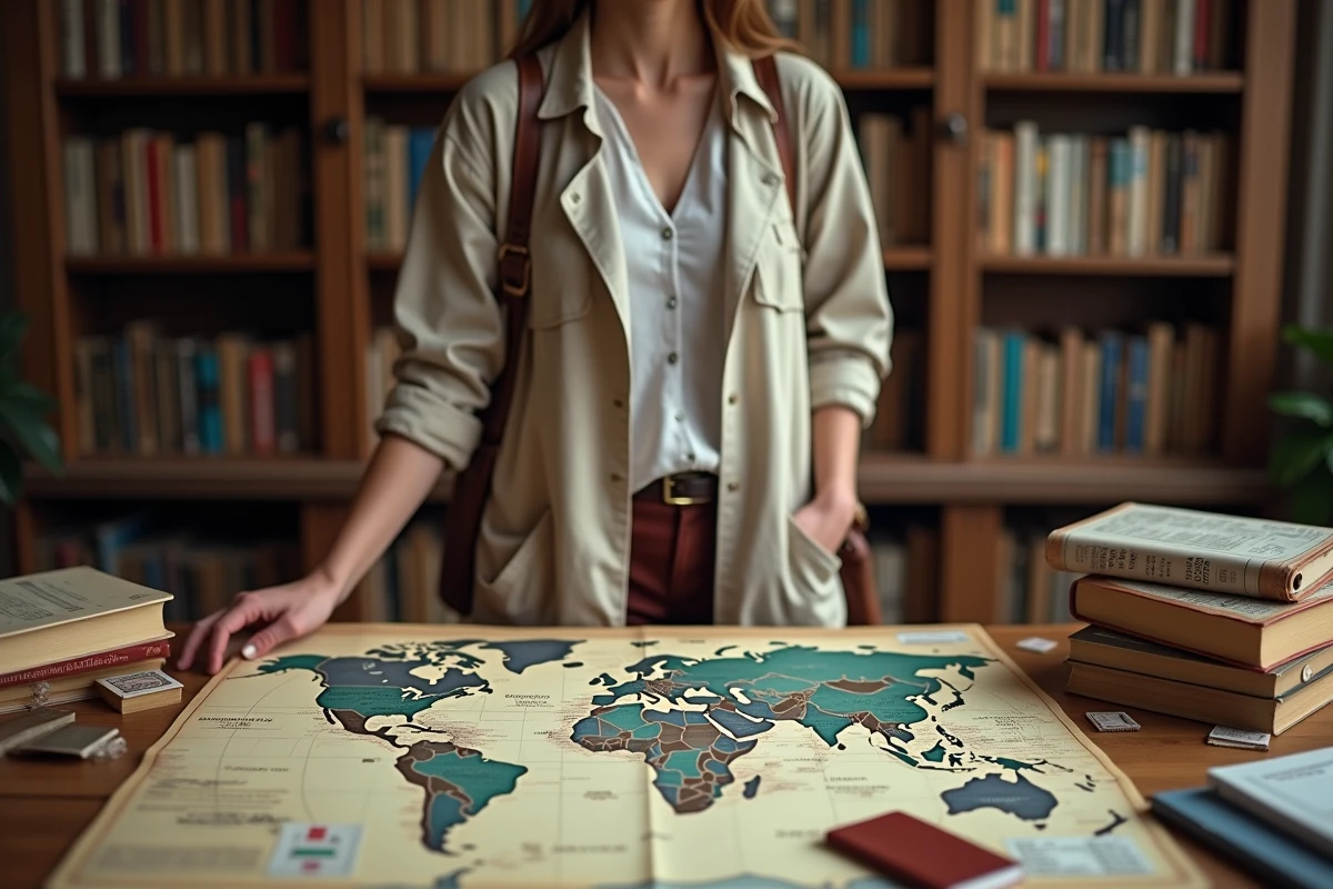 Femme voyageuse consultant des cartes du monde avec passeport et carnets de voyage sur un bureau en bois