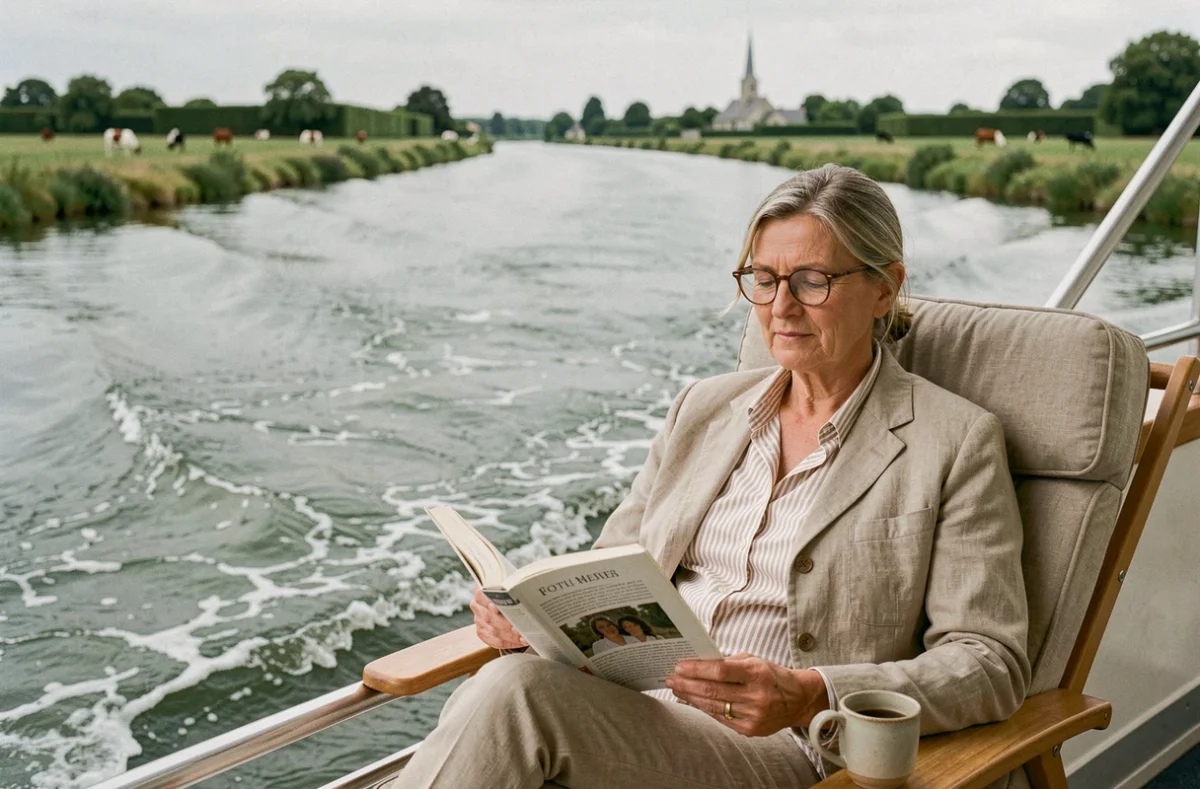 Femme senior profitant d'un moment de détente en lecture sur le pont arrière d'un bateau de croisière fluviale en France