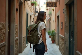 Voyageuse solo hésitant devant l'entrée d'une auberge de jeunesse en Europe
