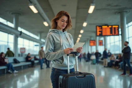 Voyageuse consultant son billet de bus dans un terminal achalandé pour un trajet Montréal New York à petit budget
