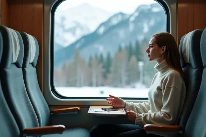 Voyageuse dans un train panoramique suisse admirant les Alpes enneigées par la grande fenêtre incurvée, billet en main