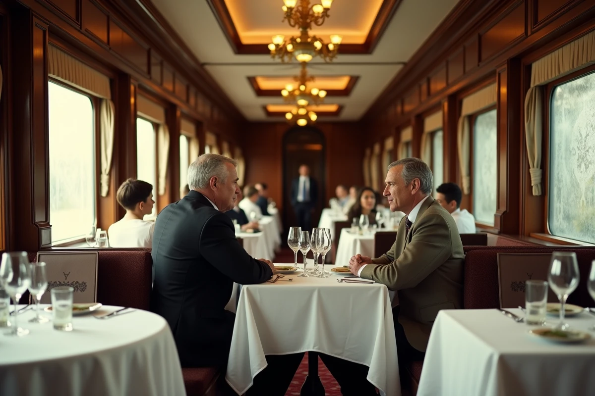 Wagon-restaurant d'un train de luxe européen avec décoration Art Déco, tables en lin blanc, couverts en argent et couple en tenue de soirée