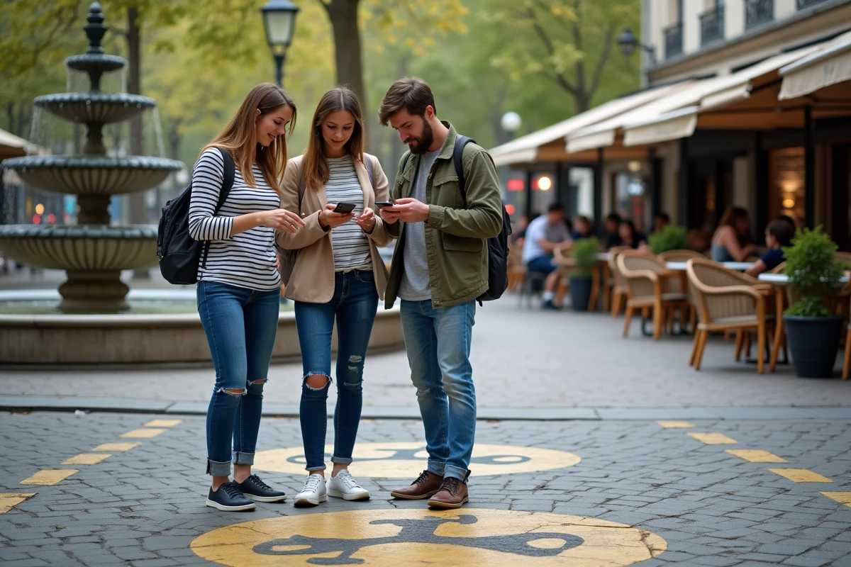 Groupe de personnes consultant leur téléphone devant une zone de stationnement autorisé pour trottinettes à Paris